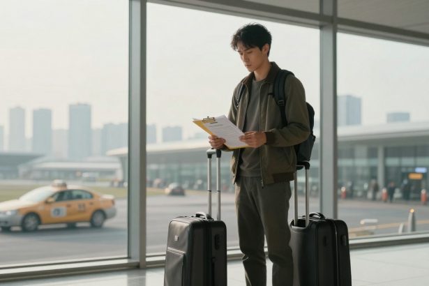 A person stands in an airport terminal holding a clipboard, wearing a backpack, and surrounded by two black suitcases. A taxi is visible outside the window.
