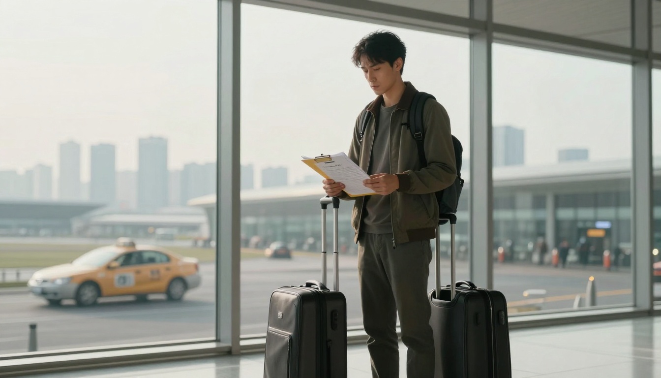 A person stands in an airport terminal holding a clipboard, wearing a backpack, and surrounded by two black suitcases. A taxi is visible outside the window.