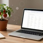 A potted tomato plant with ripe red tomatoes sits on a wooden desk next to an open laptop displaying a webpage. A notebook with a pen lies nearby, and a smartphone is partially visible.