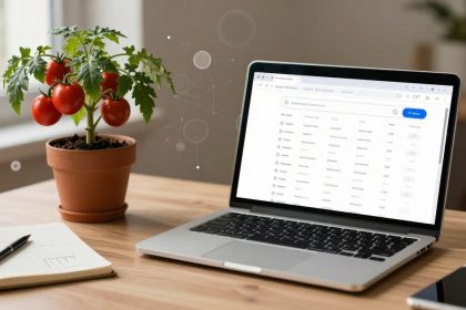 A potted tomato plant with ripe red tomatoes sits on a wooden desk next to an open laptop displaying a webpage. A notebook with a pen lies nearby, and a smartphone is partially visible.