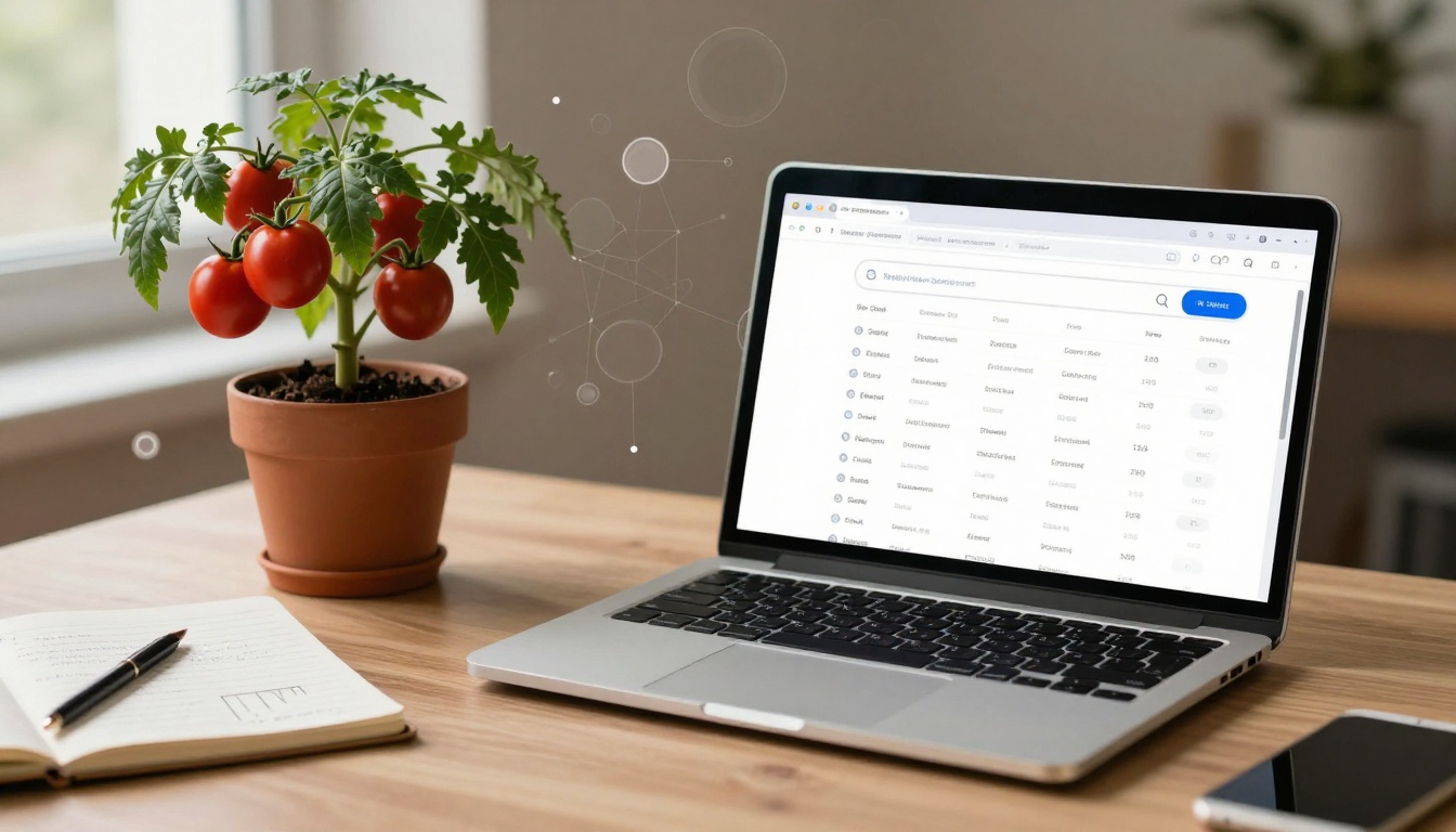 A potted tomato plant with ripe red tomatoes sits on a wooden desk next to an open laptop displaying a webpage. A notebook with a pen lies nearby, and a smartphone is partially visible.