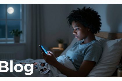 A person in a gray shirt is lying in bed at night, looking at a smartphone. Polaroid photos are scattered on the bed. The moon is visible through a window. "Blog" is written in white text.