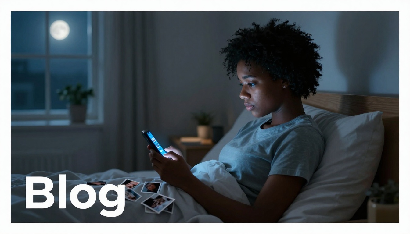 A person in a gray shirt is lying in bed at night, looking at a smartphone. Polaroid photos are scattered on the bed. The moon is visible through a window. "Blog" is written in white text.