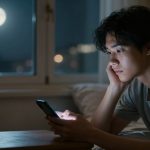 A person in a gray shirt looks at a smartphone in a dimly lit room. A full moon is visible through the window. A small potted plant is on the table.