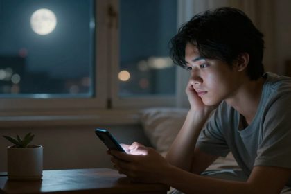 A person in a gray shirt looks at a smartphone in a dimly lit room. A full moon is visible through the window. A small potted plant is on the table.