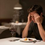 A person sits at a restaurant table, holding their head in their hands. In front of them is a steaming plate of food and a glass of red wine. The setting has dim lighting and white tablecloths.