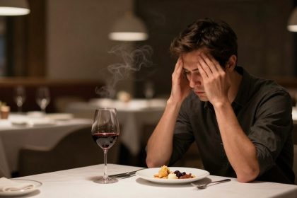 A person sits at a restaurant table, holding their head in their hands. In front of them is a steaming plate of food and a glass of red wine. The setting has dim lighting and white tablecloths.