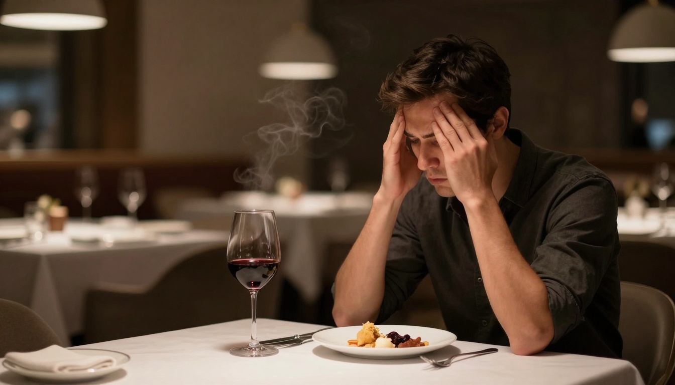 A person sits at a restaurant table, holding their head in their hands. In front of them is a steaming plate of food and a glass of red wine. The setting has dim lighting and white tablecloths.
