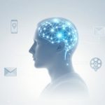 Profile of a person with a digital brain network glowing in blue. Icons of a smartphone, email, and creativity surround the head.
