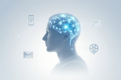 Profile of a person with a digital brain network glowing in blue. Icons of a smartphone, email, and creativity surround the head.