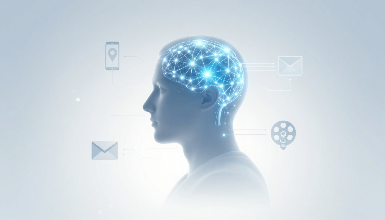 Profile of a person with a digital brain network glowing in blue. Icons of a smartphone, email, and creativity surround the head.