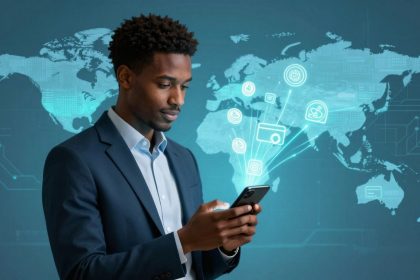 A man in a suit looks at his smartphone, with a digital world map and icons representing technology and communication in the background.