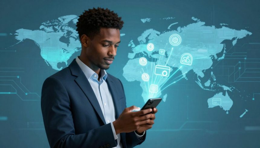 A man in a suit looks at his smartphone, with a digital world map and icons representing technology and communication in the background.