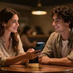 A woman and a man sit at a wooden table in a dimly lit cafe, smiling at each other. The woman holds a smartphone displaying a bright screen.