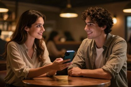 A woman and a man sit at a wooden table in a dimly lit cafe, smiling at each other. The woman holds a smartphone displaying a bright screen.