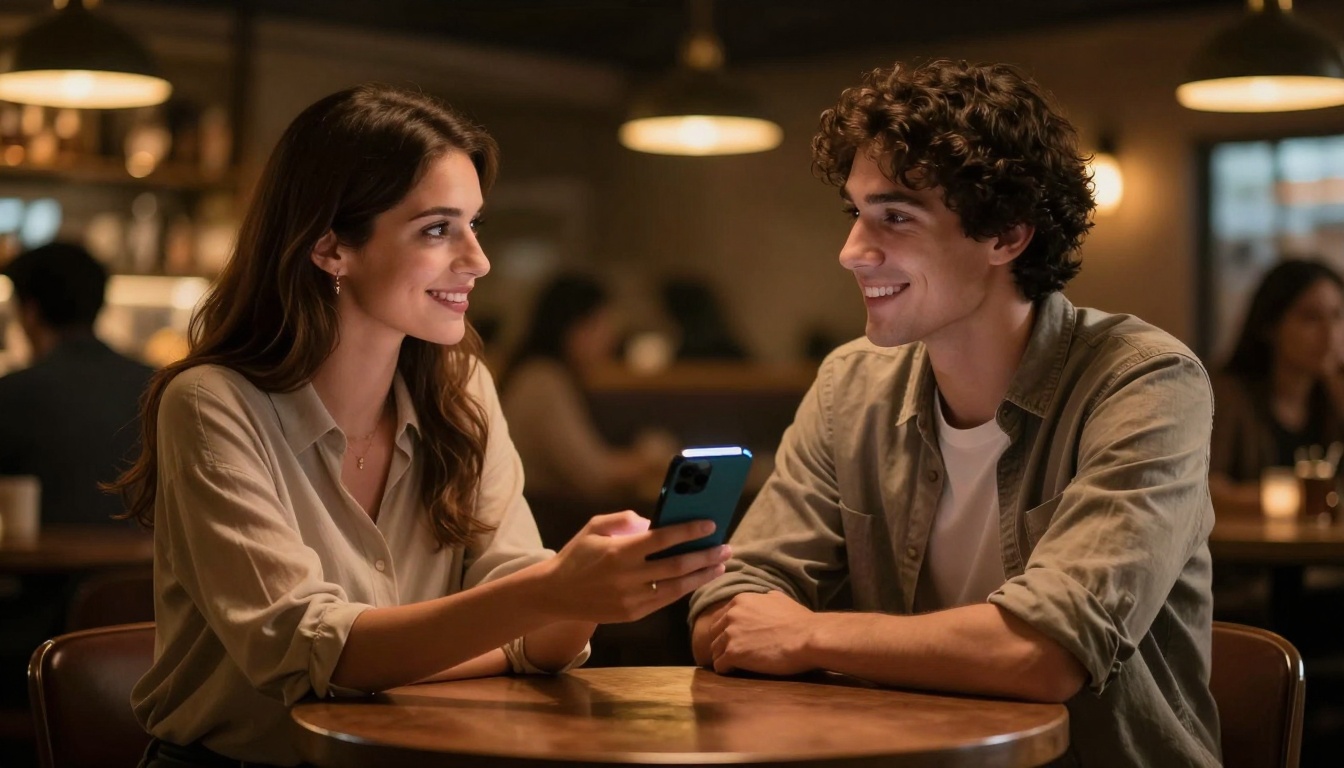 A woman and a man sit at a wooden table in a dimly lit cafe, smiling at each other. The woman holds a smartphone displaying a bright screen.