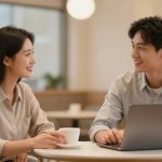 A woman and a man sit at a table in a café, smiling at each other. The woman holds a white coffee cup, and the man types on a laptop. They both wear light-colored shirts. The background is softly blurred with warm lighting.