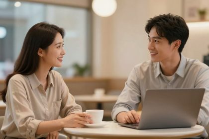 A woman and a man sit at a table in a café, smiling at each other. The woman holds a white coffee cup, and the man types on a laptop. They both wear light-colored shirts. The background is softly blurred with warm lighting.