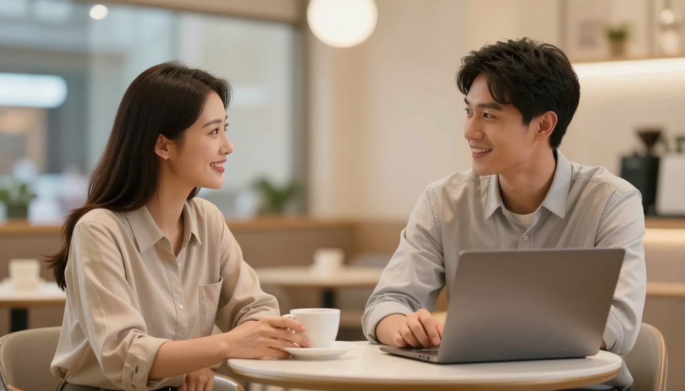 A woman and a man sit at a table in a café, smiling at each other. The woman holds a white coffee cup, and the man types on a laptop. They both wear light-colored shirts. The background is softly blurred with warm lighting.