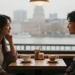 A woman and a man sit across from each other at a wooden table in a café, each with a cup of coffee. A large window shows a blurred cityscape and river view. A hanging light is above them.