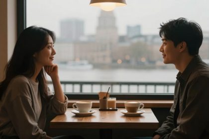 A woman and a man sit across from each other at a wooden table in a café, each with a cup of coffee. A large window shows a blurred cityscape and river view. A hanging light is above them.