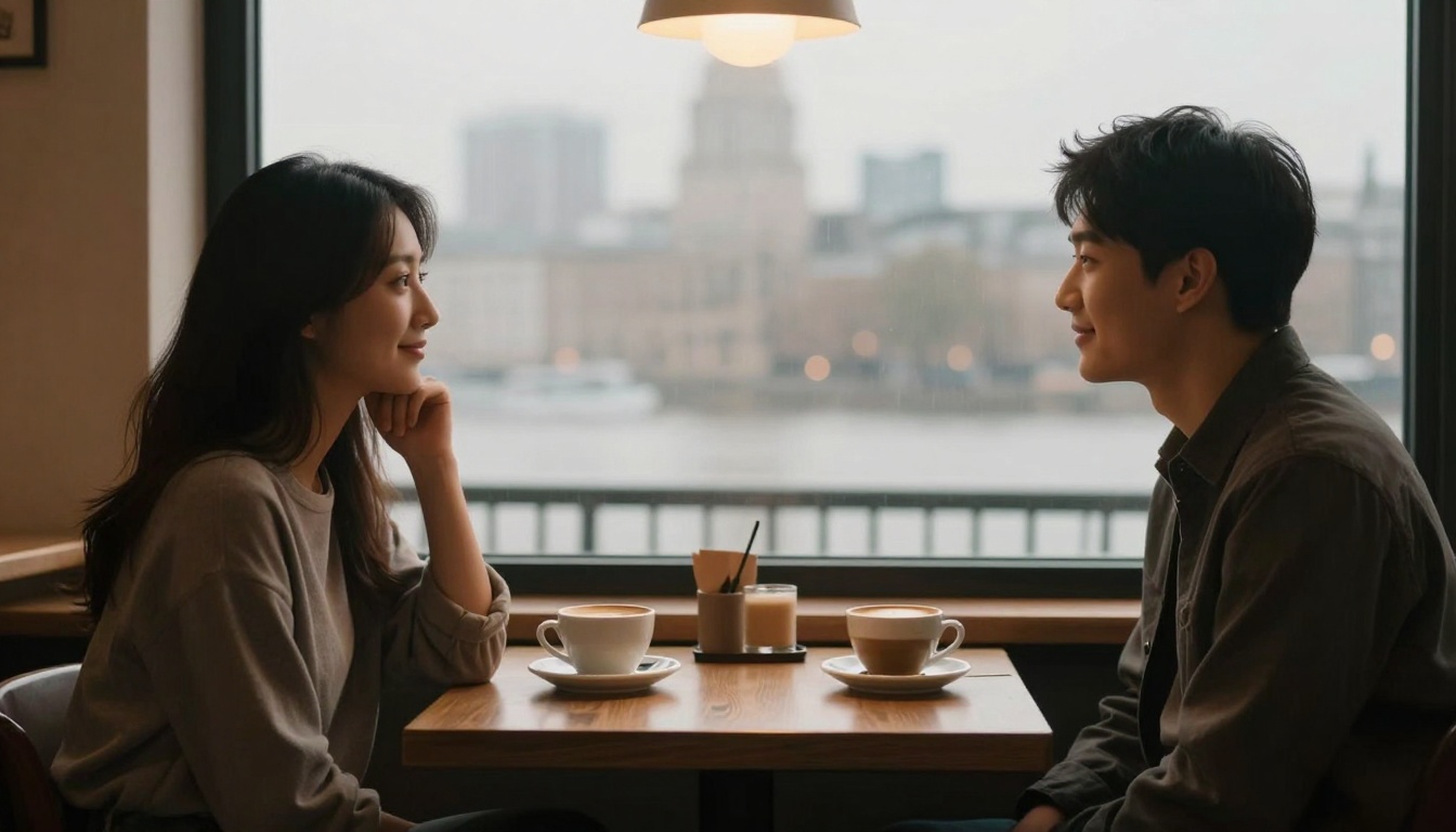 A woman and a man sit across from each other at a wooden table in a café, each with a cup of coffee. A large window shows a blurred cityscape and river view. A hanging light is above them.