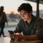 A young man in a dark shirt is sitting at a table, focused on his smartphone. A woman walks by in the blurred background. The setting is a cafe with large windows, and the outdoor light suggests it's evening.