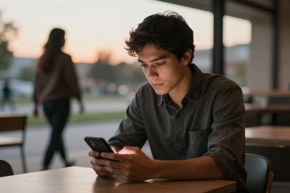 A young man in a dark shirt is sitting at a table, focused on his smartphone. A woman walks by in the blurred background. The setting is a cafe with large windows, and the outdoor light suggests it's evening.