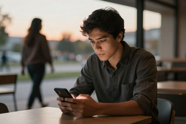 A young man in a dark shirt is sitting at a table, focused on his smartphone. A woman walks by in the blurred background. The setting is a cafe with large windows, and the outdoor light suggests it's evening.