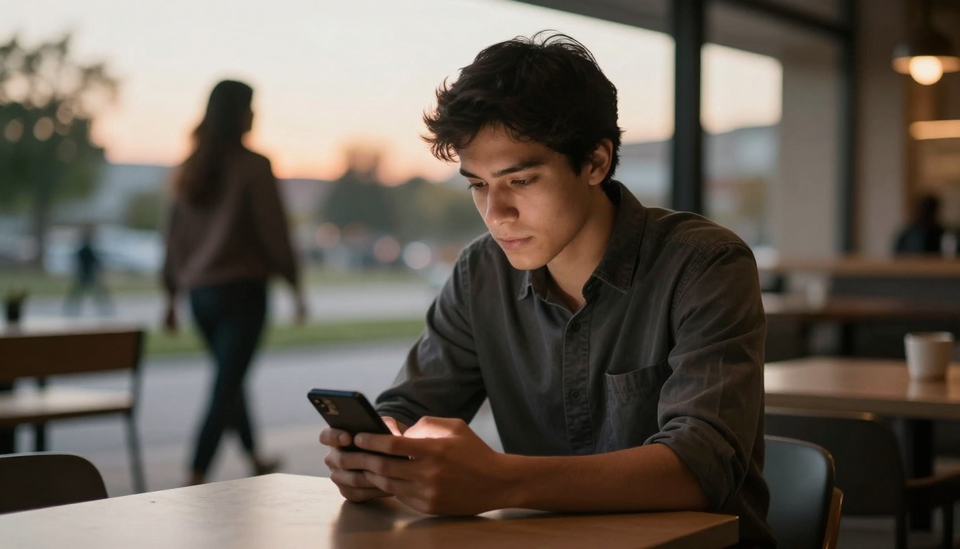 A young man in a dark shirt is sitting at a table, focused on his smartphone. A woman walks by in the blurred background. The setting is a cafe with large windows, and the outdoor light suggests it's evening.