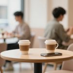 Two coffee cups and a smartphone on a round wooden table in a cafe. People sit blurred in the background, engaging in conversations.