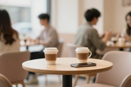 Two coffee cups and a smartphone on a round wooden table in a cafe. People sit blurred in the background, engaging in conversations.