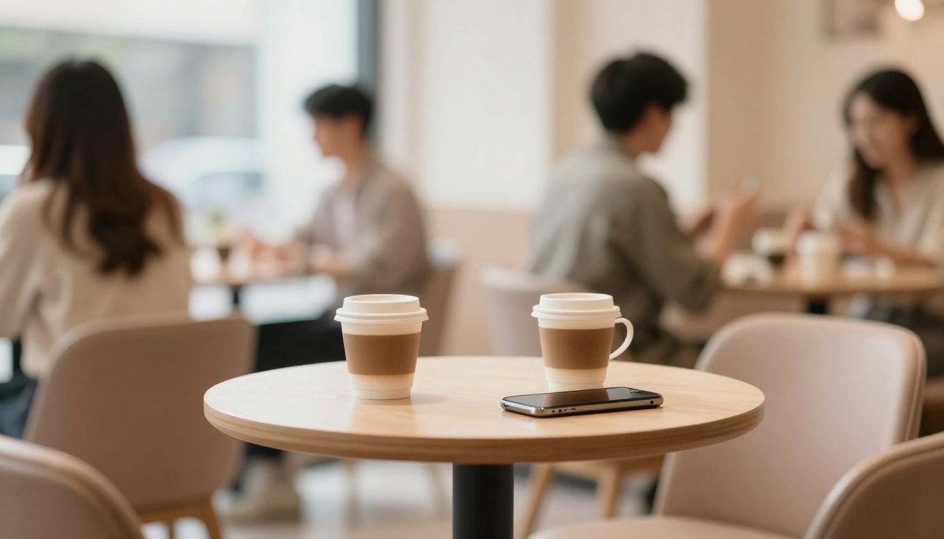 Two coffee cups and a smartphone on a round wooden table in a cafe. People sit blurred in the background, engaging in conversations.