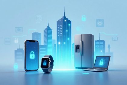 Digital illustration of a smartphone, smartwatch, refrigerator, and laptop with padlock icons, set against a blue city skyline background, symbolizing cybersecurity in smart devices.