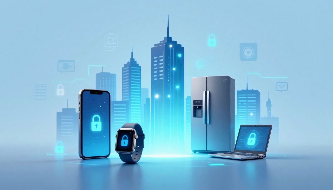 Digital illustration of a smartphone, smartwatch, refrigerator, and laptop with padlock icons, set against a blue city skyline background, symbolizing cybersecurity in smart devices.