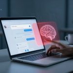 A person interacts with a laptop displaying a chat interface. A glowing red brain icon appears above the keyboard. A cup is in the background.