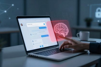 A person interacts with a laptop displaying a chat interface. A glowing red brain icon appears above the keyboard. A cup is in the background.