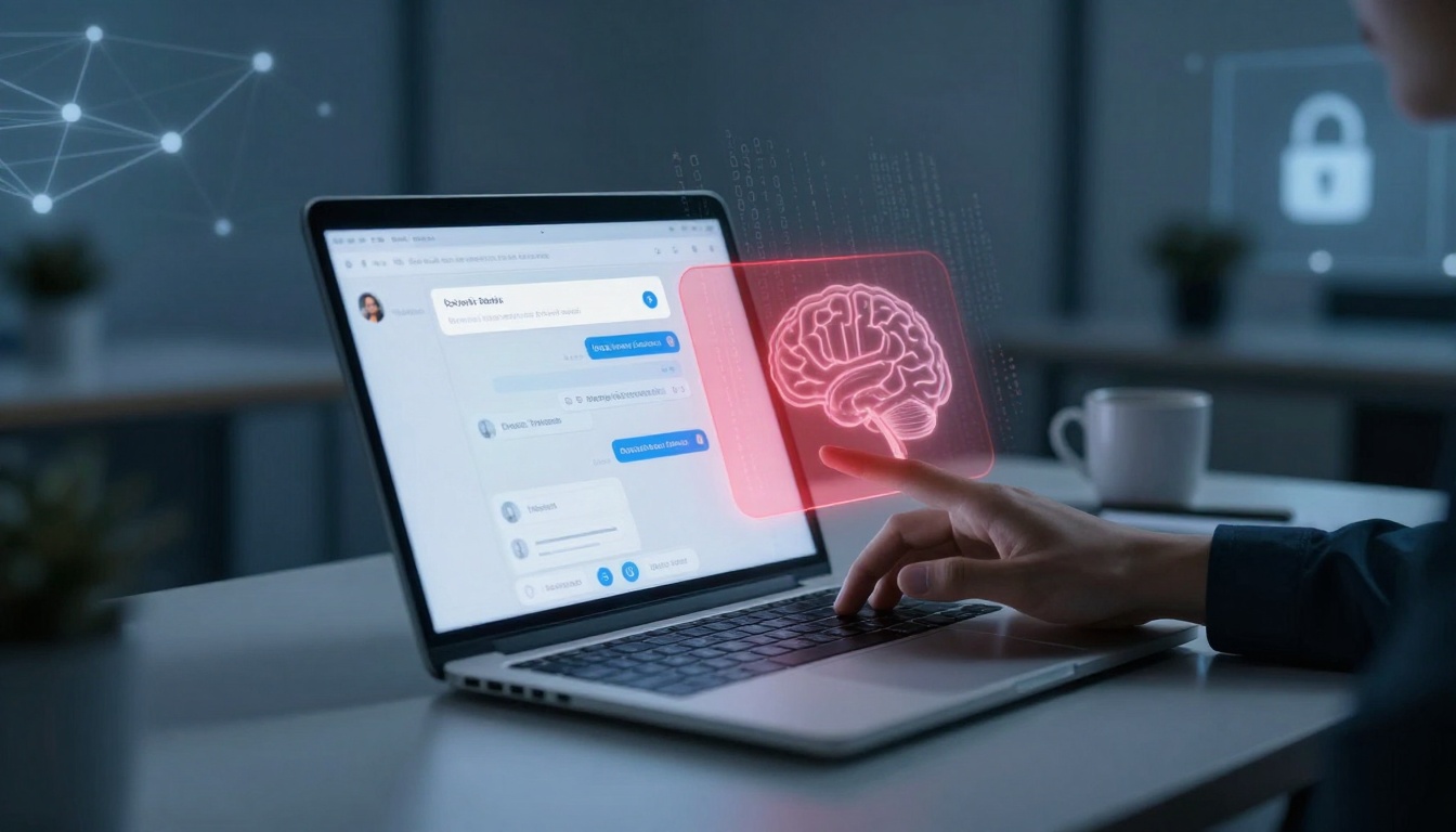 A person interacts with a laptop displaying a chat interface. A glowing red brain icon appears above the keyboard. A cup is in the background.