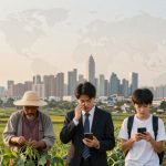 Five individuals of varying ages stand in a rural field with a city skyline in the background. From left to right: a young man in a suit holds a tablet, a man in a straw hat examines a plant, another suited man looks at his phone, a boy uses a smartphone, and an older man reads papers. A faint world map overlays the sky.