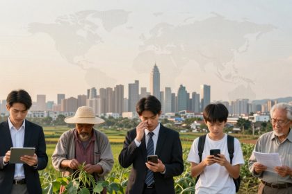 Five individuals of varying ages stand in a rural field with a city skyline in the background. From left to right: a young man in a suit holds a tablet, a man in a straw hat examines a plant, another suited man looks at his phone, a boy uses a smartphone, and an older man reads papers. A faint world map overlays the sky.