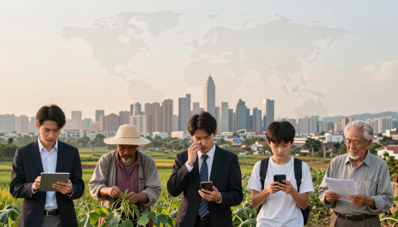 Five individuals of varying ages stand in a rural field with a city skyline in the background. From left to right: a young man in a suit holds a tablet, a man in a straw hat examines a plant, another suited man looks at his phone, a boy uses a smartphone, and an older man reads papers. A faint world map overlays the sky.