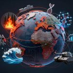 A digital illustration of Earth with various thematic elements: a forest fire icon, DNA helix, bar graph, tank, and ocean wave, connected by red lines.