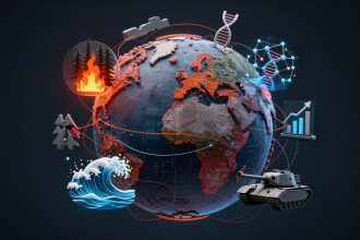 A digital illustration of Earth with various thematic elements: a forest fire icon, DNA helix, bar graph, tank, and ocean wave, connected by red lines.