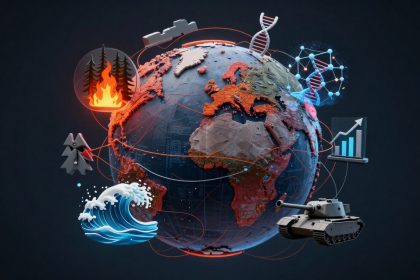 A digital illustration of Earth with various thematic elements: a forest fire icon, DNA helix, bar graph, tank, and ocean wave, connected by red lines.