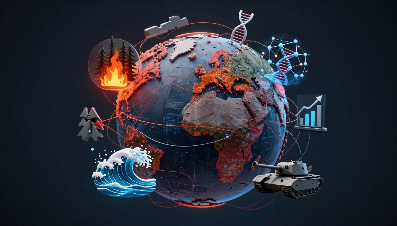 A digital illustration of Earth with various thematic elements: a forest fire icon, DNA helix, bar graph, tank, and ocean wave, connected by red lines.