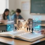 A student in a classroom interacts with an open book displaying a holographic cityscape and digital data. Other students are in the background.