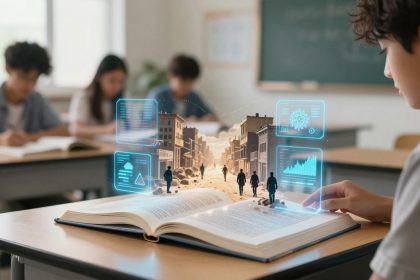 A student in a classroom interacts with an open book displaying a holographic cityscape and digital data. Other students are in the background.
