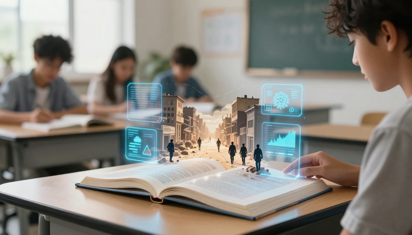 A student in a classroom interacts with an open book displaying a holographic cityscape and digital data. Other students are in the background.