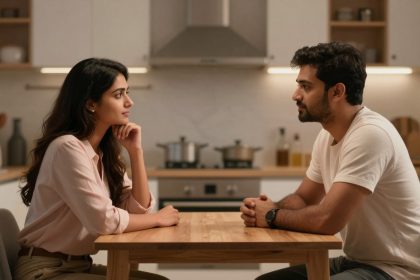 A man and a woman sit across from each other at a wooden table in a kitchen. The woman, in a pink shirt, rests her chin on her hand, while the man, in a white T-shirt, clasps his hands. The kitchen background includes shelves, pots, and plants.