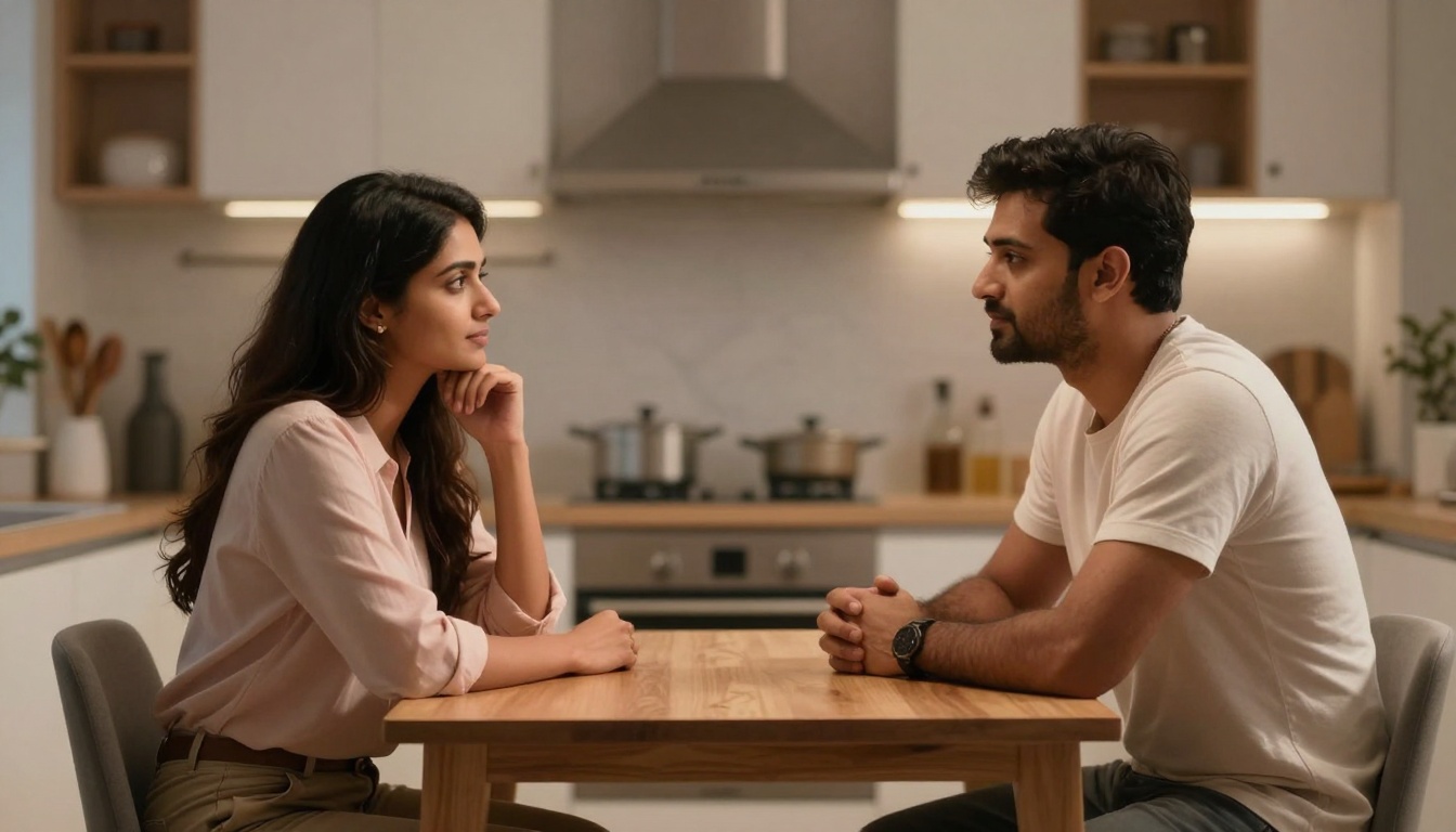 A man and a woman sit across from each other at a wooden table in a kitchen. The woman, in a pink shirt, rests her chin on her hand, while the man, in a white T-shirt, clasps his hands. The kitchen background includes shelves, pots, and plants.